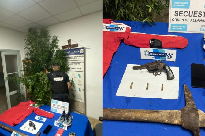 El allanamiento fue realizado sobre la calle Esmeralda, San Vicente, donde se secuestró una planta de marihuana entre otros objetos.