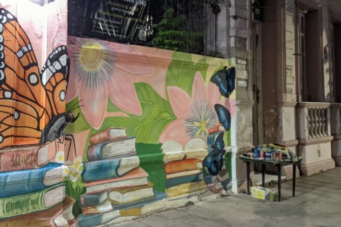 María Celeste Gutiérrez pintando el nuevo mural de la biblioteca popular de San Vicente.