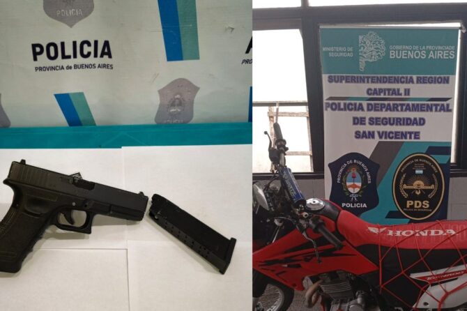 Se secuestró una motocicleta con motor y cuadro suprimidos y una réplica de pistola tipo Glock, en una casa en San Vicente.