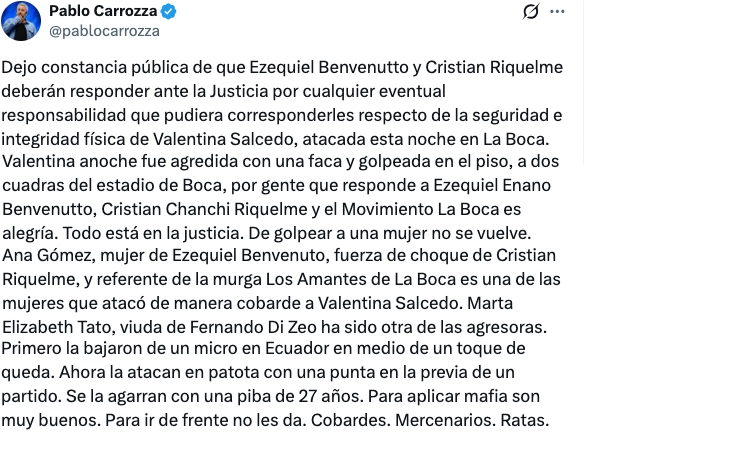 Escándalo en Boca con Riquelme por romances y violencia 4 PABLO CARROZZA, ACTUAL NOVIO DE SALCEDO, PUBLICÓ UNA CATARATA DE TUITS PARA APOYAR A LA INFLUENCER
