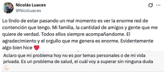Protagonista del romance de 2026 con la China Suárez anuncia problema de salud 2 NICO LUACES ENFRENTA UN PROBLEMA DE SALUD Y LO COMUNICO EN SU CUENTA DE TWITTER.