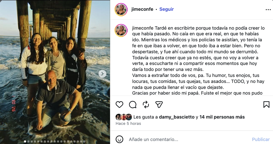 Carta de la hija de Fernando Confessore tras la muerte de su padre: nada puede llenar el vacío 2 El posteo de Jimena dedicada a su padre Fernando Confessore. Foto: IG Captura.